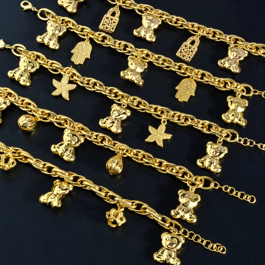 Sunny Jewelry Fashion Charm Bracelet Copper Gold Plated Crown Heart Bear Geometry Pendant Cute Jewellery Women Girl Party Gift