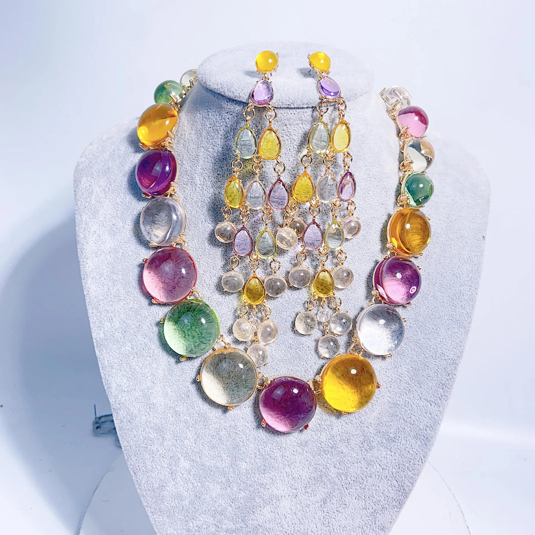 Colorful Resin Jewellery Sets Exaggerated Long Waterdrop Tassels Earring Trendy Chokers Necklaces Korean Fashion Charm Jewelry