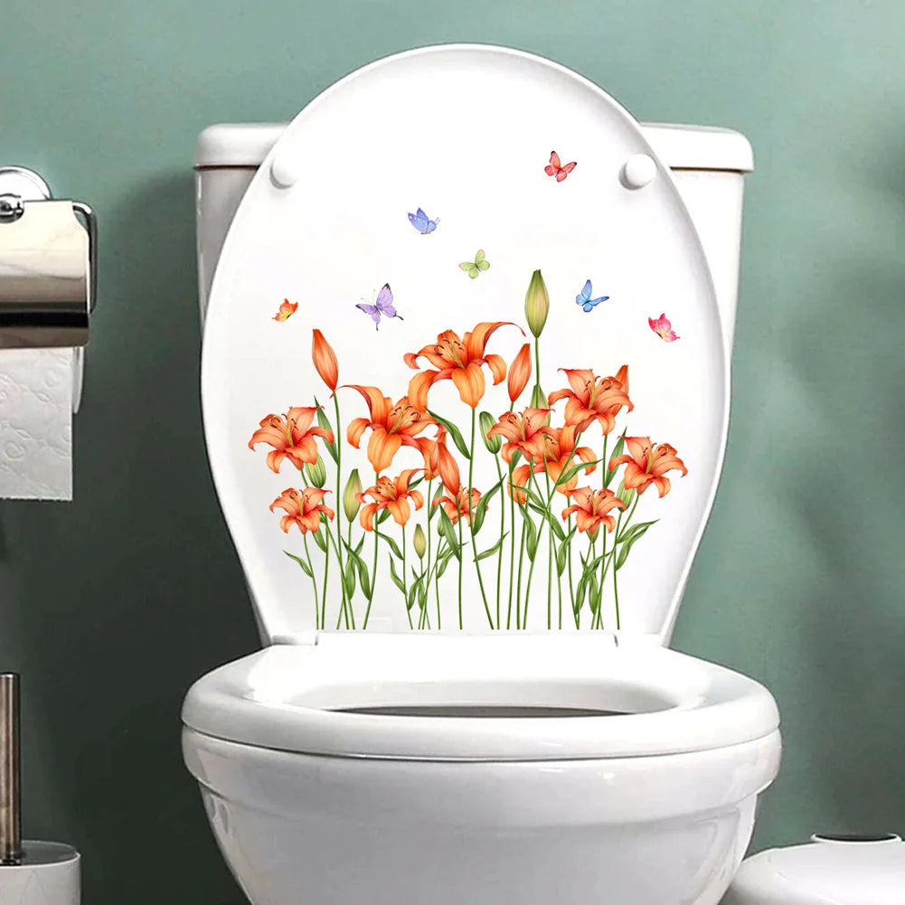 Beautiful Plant Flowers Wall Sticker Bathroom Accessories Toilet Decor Decals Cabinet Room Home Decoration Self Adhesive Mural