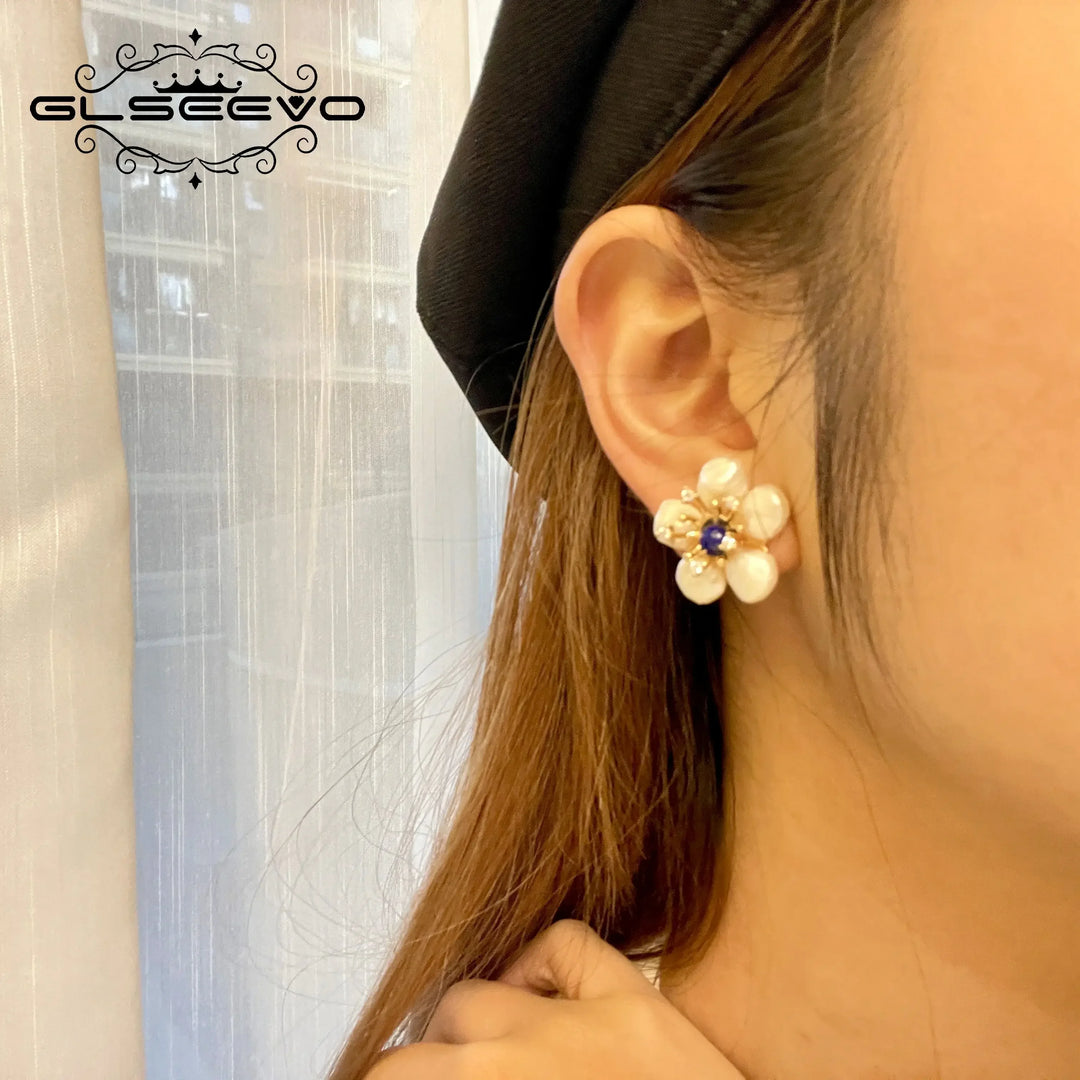 GLSEEVO Handmade 925 Sterling Silver Natural Lapis Lazuli Baroque Flower Pearl Stud Earrings For Women Gift Jewellery GE0678