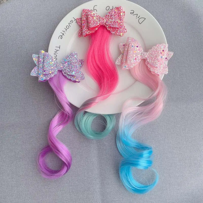 Colorful Wigs Hairclip Ponytail Holder Princess Bows Unicorn Braid Kids Headwear Party Ornament Hair Accessories Girls Gift