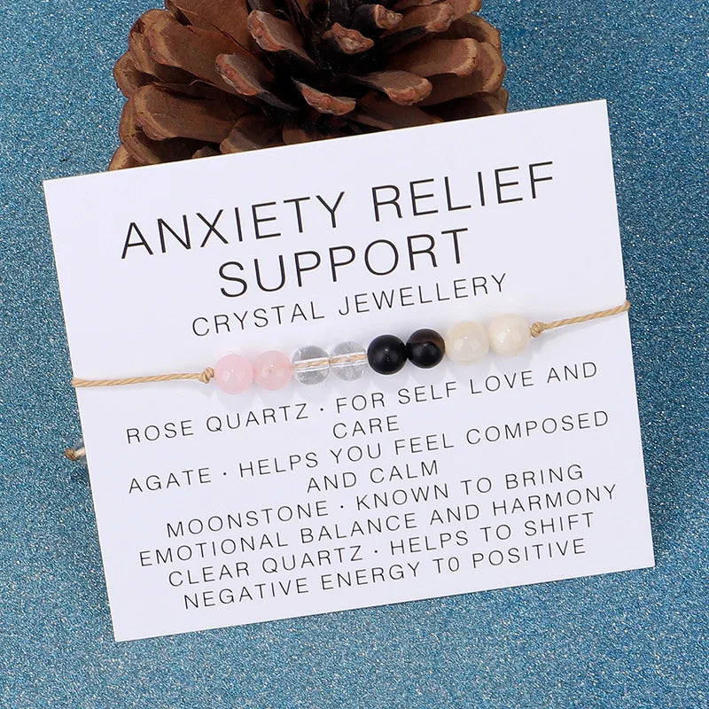 Anxiety Relief Support Crystal Jewellery Natural Gemstone Beaded Bracelet Women Rose Quartz Agate Adjustable Braided Rope Bangle